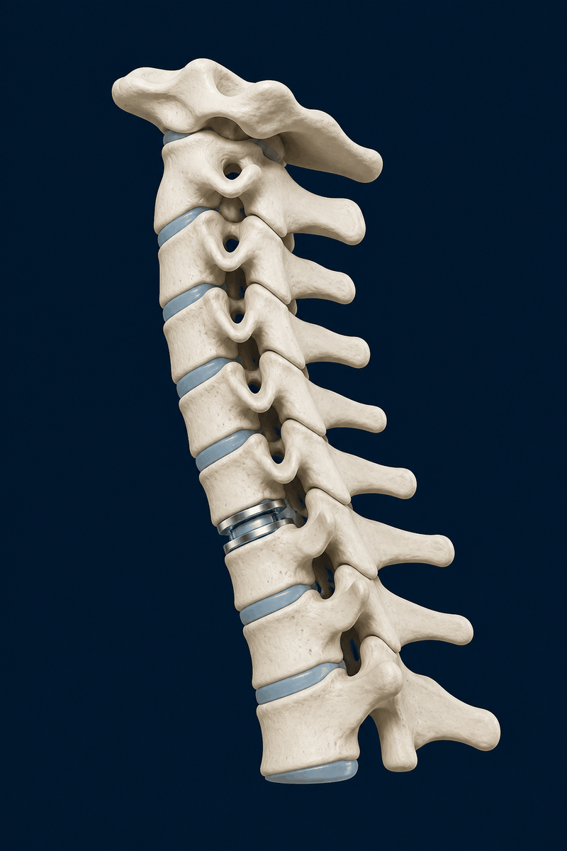Side view of a cervical spine with a Mobi-C-style mobile disc implant