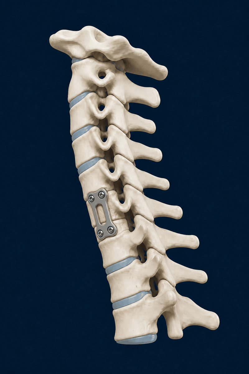 Side view of a cervical spine with a single-level ACDF plate and screws