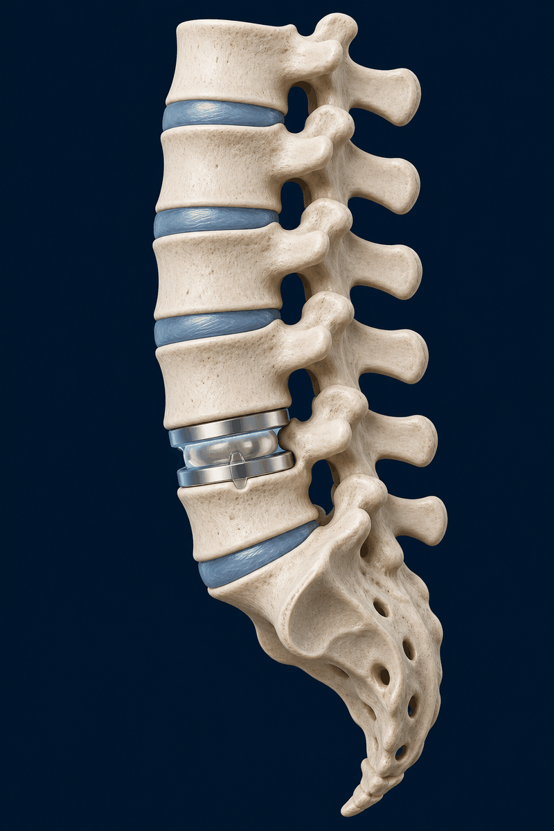 Side view of a lumbar spine with a Centinel prodisc L-style ball-and-socket implant