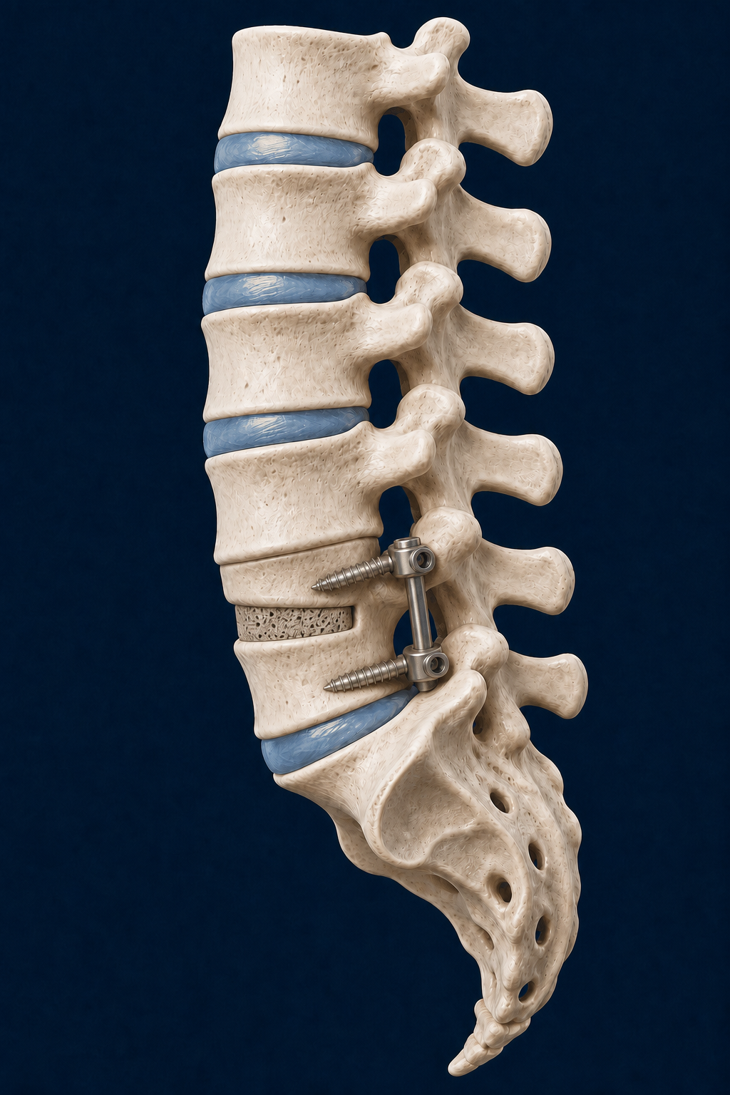 Side view of a lumbar spine with a single-level interbody fusion, pedicle screws, and a connecting rod