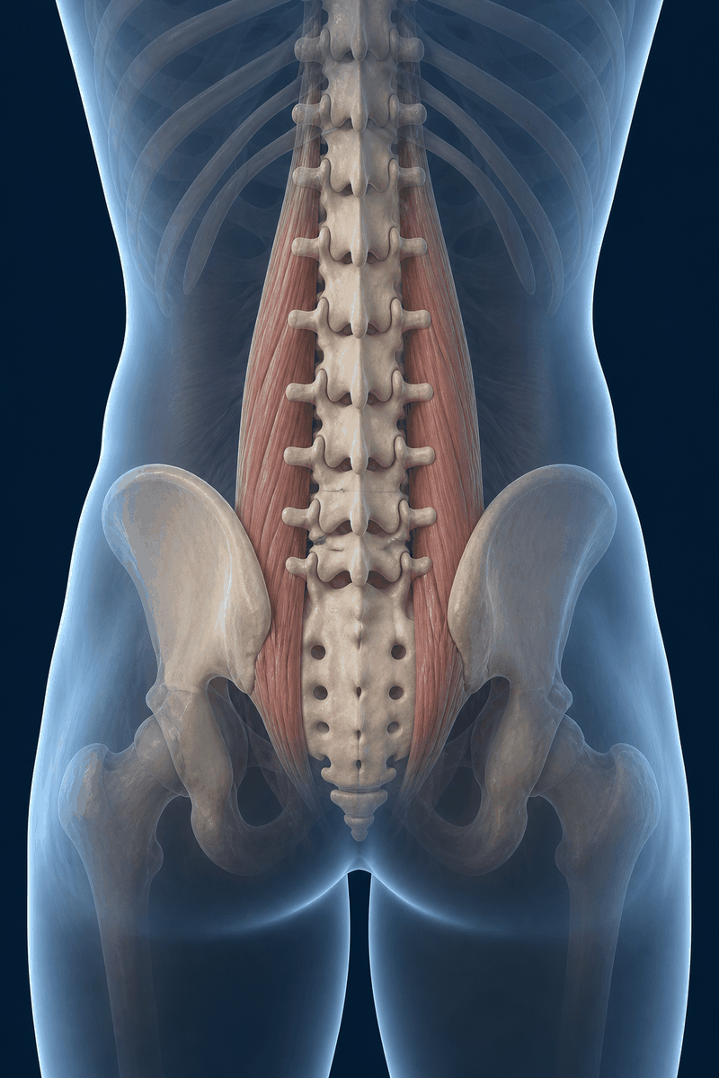 Posterior view of the lumbar spine, paraspinal muscles, and pelvis